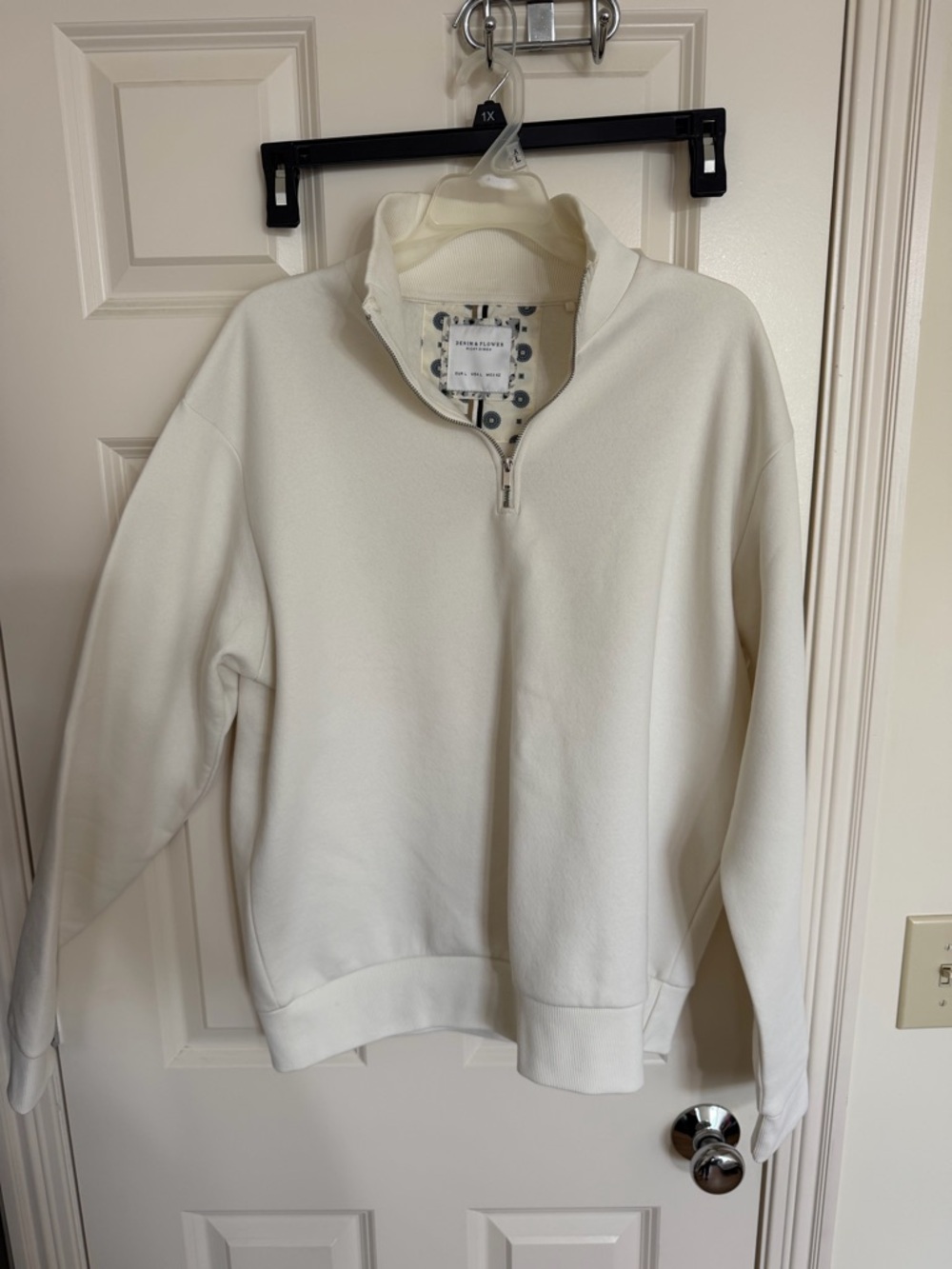Denim & Flower Cream Half-Zip Sweatshirt with Navy Accents